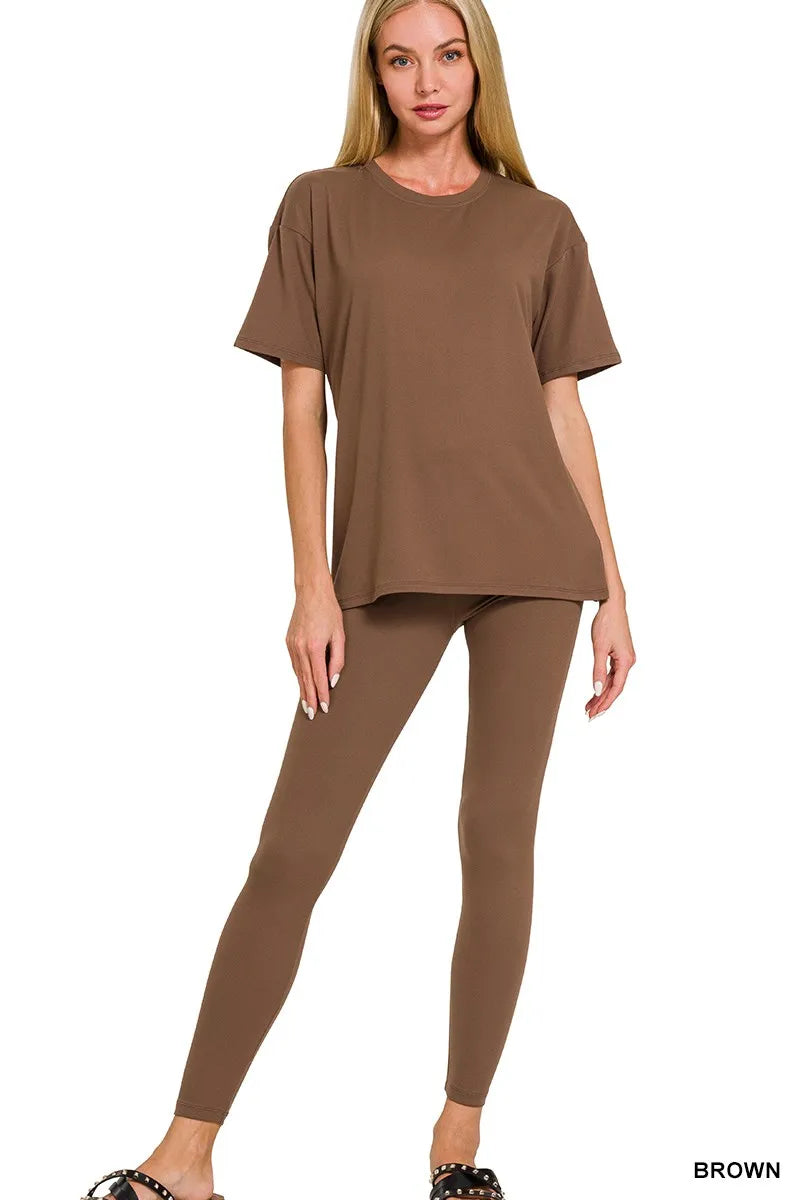 Brushed Microfiber Short Sleeve Top and Cropped Pants Set – Plus Size in Brown