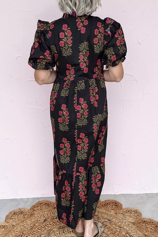 Floral Print Tiered Ruffle Maxi Dress in Cotton with Pockets