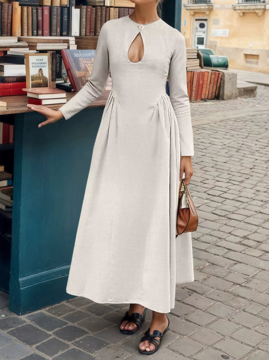Keyhole Long Sleeve Midi Dress with Buttons in Apricot
