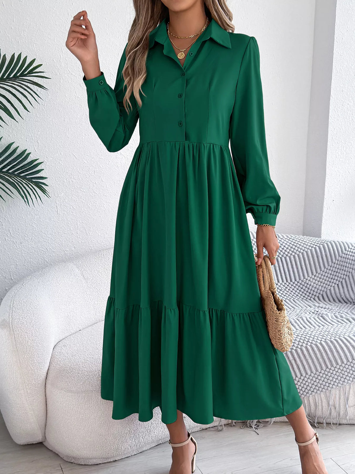 Long Sleeve Tiered Button-Front Midi Dress – photo 13