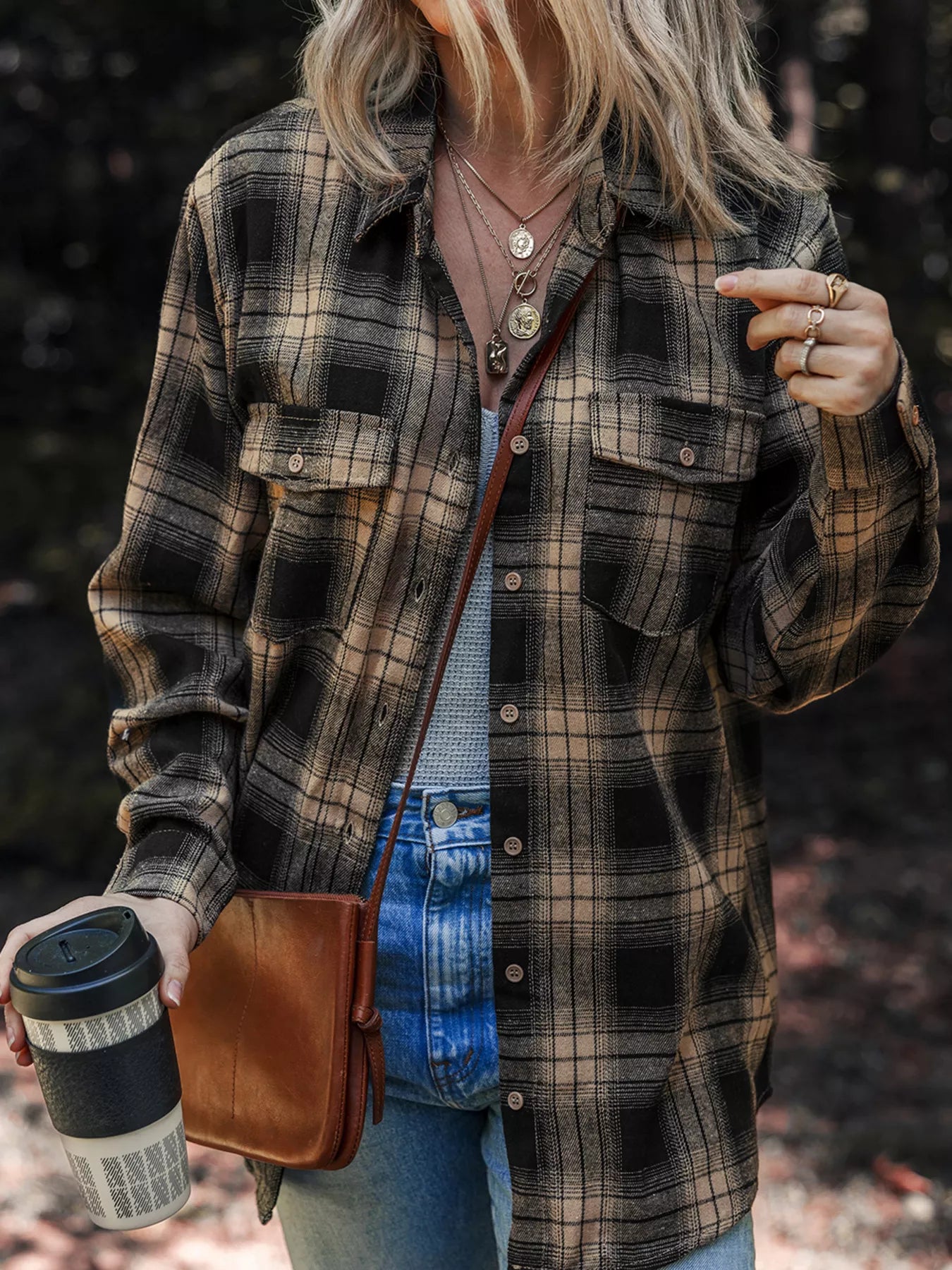 Plaid Double Flap Pocket Brushed Shacket back view — Livostyle