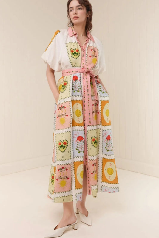 Printed Short Sleeve Belted Maxi Dress in Floral