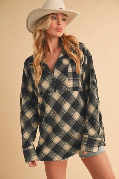 Stylish Plaid Half Zip Top with Slit Detail & Drop Shoulders — Livostyle