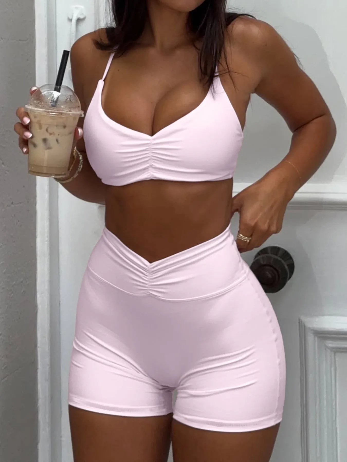 Ruched Sports Bra and High-Waisted Shorts Active Set — Livostyle