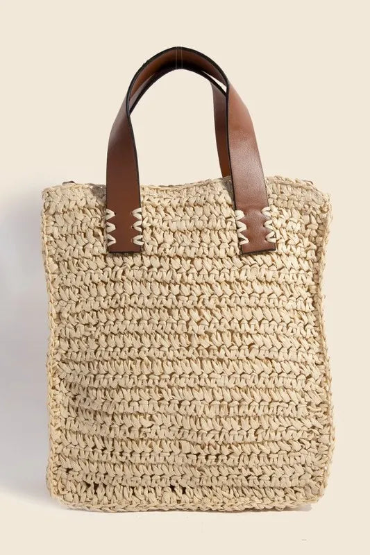 Faux Leather Handle Straw Braided Handbag — Livostyle