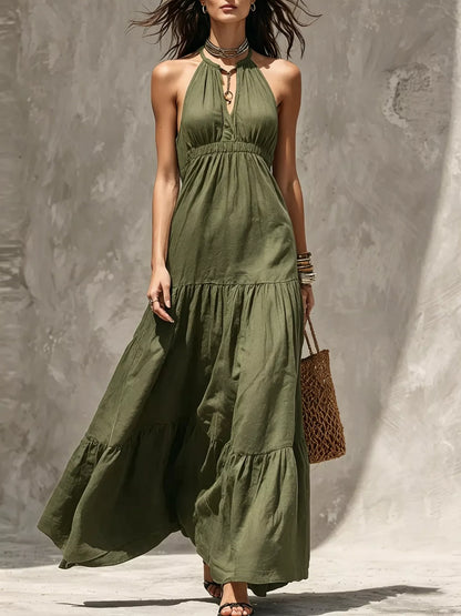 Sleeveless Tiered Smocked Maxi Dress in Army Green