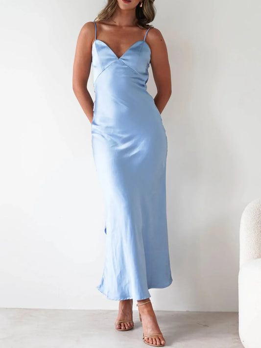 Satin Backless Cami Dress in Light Blue