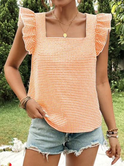 Gingham Ruffle Sleeve Square Neck Blouse in Sherbet