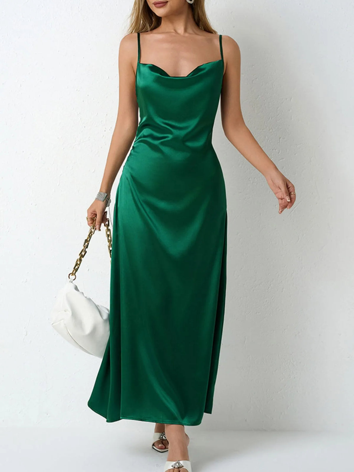 Satin Cowl Neck Cami Dress in Green