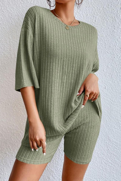 Round Neck Ribbed Top and Shorts Lounge Set — Livostyle