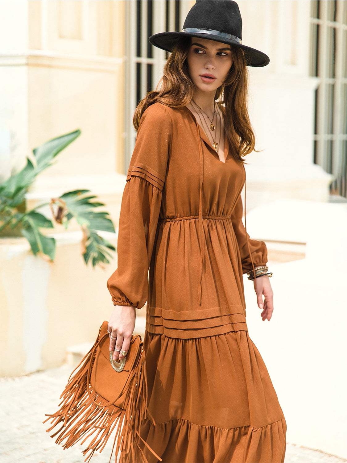 Tie Neck Long Sleeve Tiered Midi Dress – photo 25