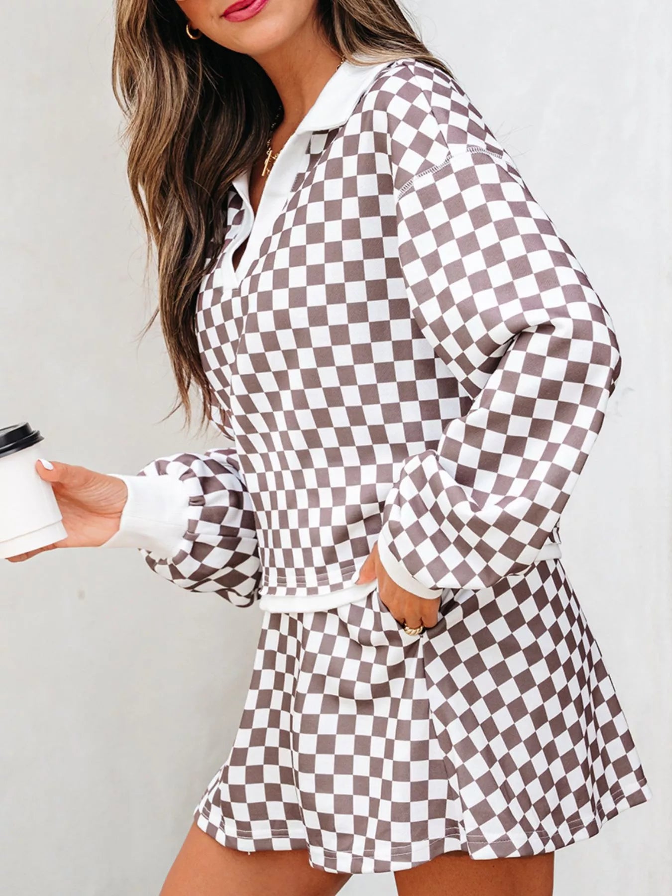 Checkered Print Polo Collar Cropped Long Sleeve Top and Drawstring Mini Skirt Set closeup — Livostyle
