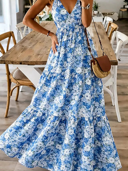 Floral Tiered Ruched Maxi Dress with Spaghetti Straps in Sky Blue