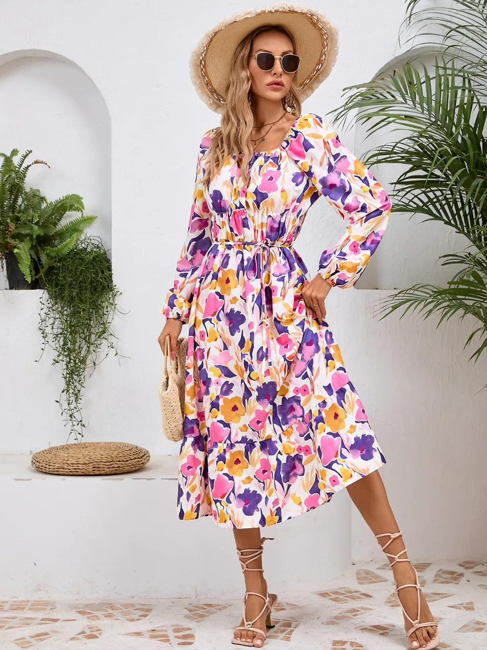 Printed Long Sleeve Midi Dress with Tie Detail – photo 22
