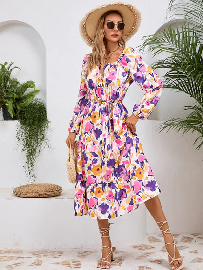 Printed Long Sleeve Midi Dress with Tie Detail – photo 22