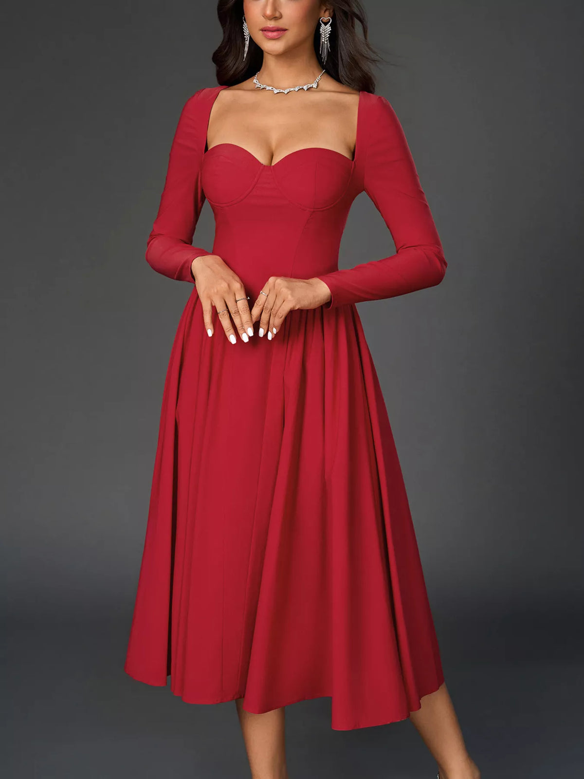 Sweetheart Neckline Long Sleeve A-Line Midi Dress – photo 2