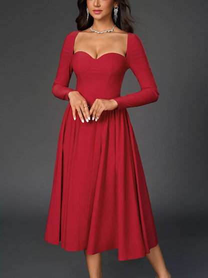 Sweetheart Neckline Long Sleeve A-Line Midi Dress – photo 2