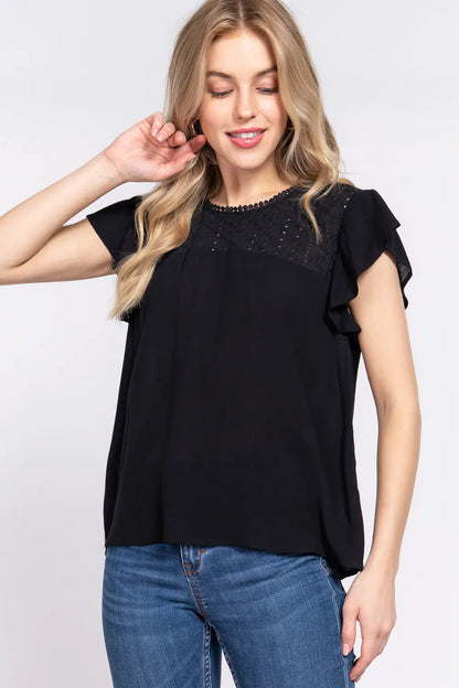 Feminine Ruffle Sleeve Crochet Blouse in Breathable Rayon — Livostyle