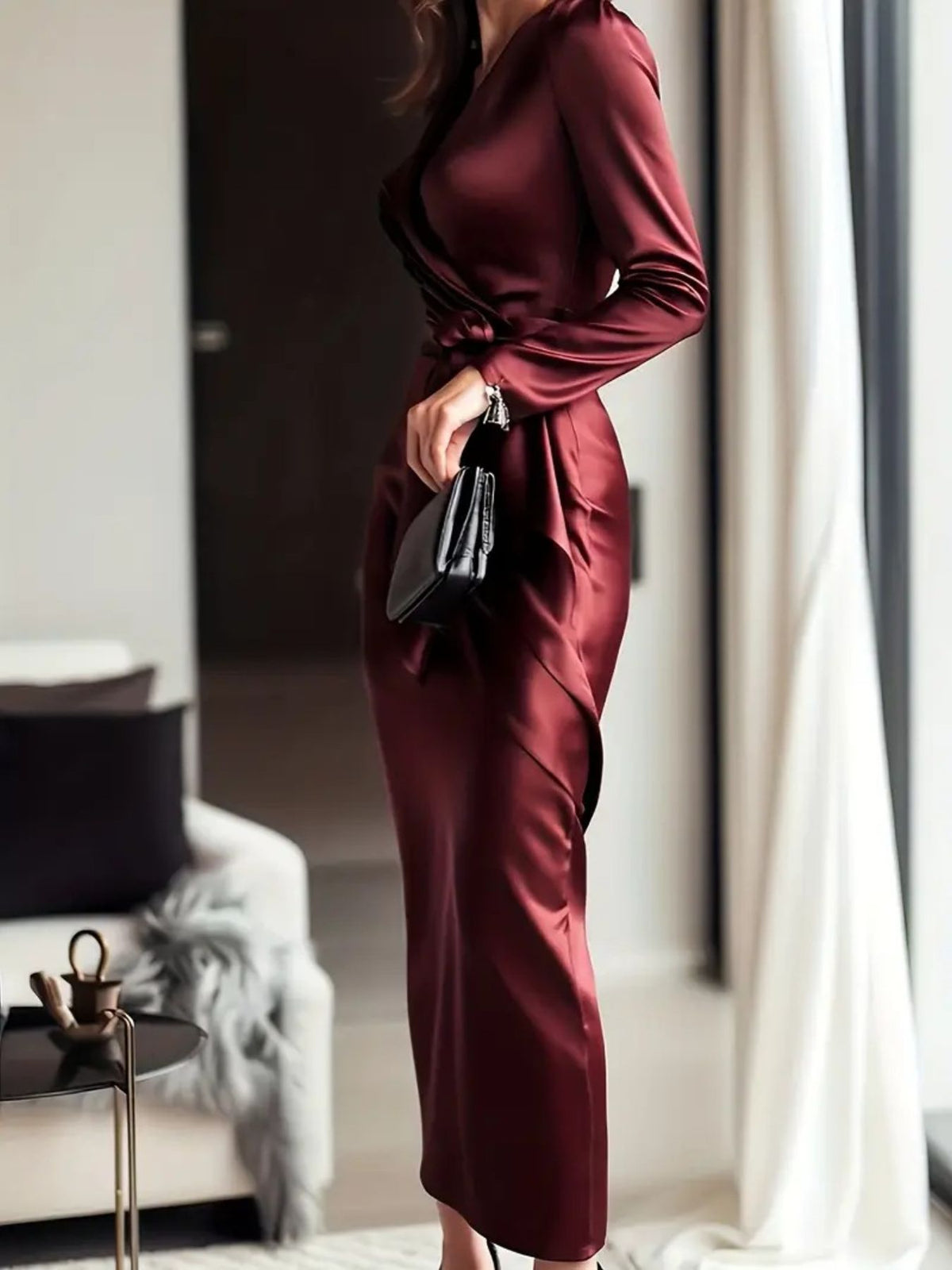 Satin Tie Waist Long Sleeve Dress – photo 2