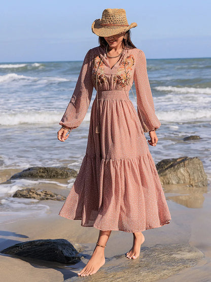 Embroidered Polka Dot Tie Neck Long Sleeve Midi Dress – photo 5