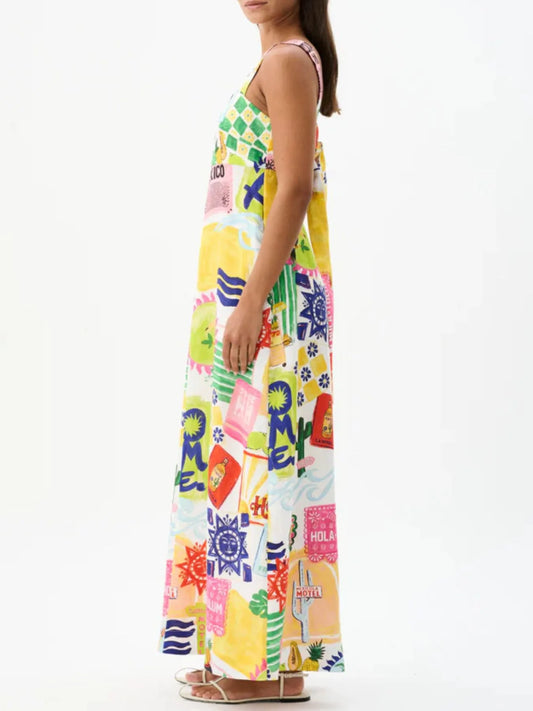 Printed Square Neck Maxi Cami Dress with Pockets