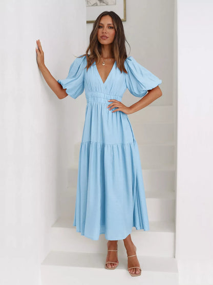Tiered Puff Sleeve Midi Dress in Pastel  Blue