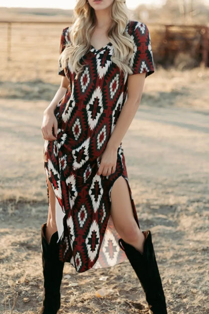 Aztec Print V-Neck Midi Dress with Split Hem – photo 12