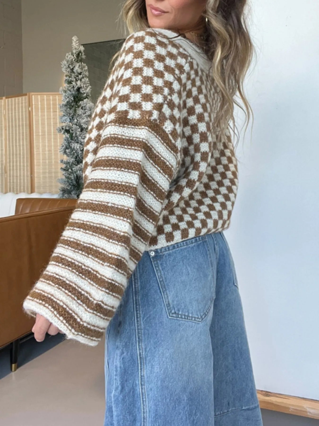 Checkered and Striped Pattern Button-Front Cropped Cardigan styling — Livostyle