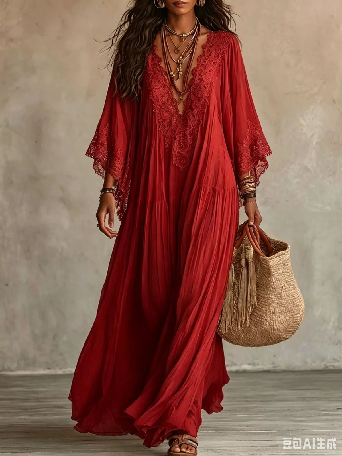 Lace Trim Tiered V-Neck Maxi Dress in Deep Red
