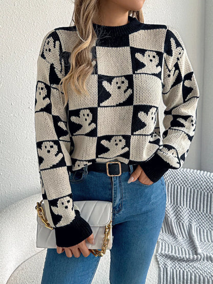 Halloween Ghost Pattern Checkered Round Neck Sweater — Livostyle