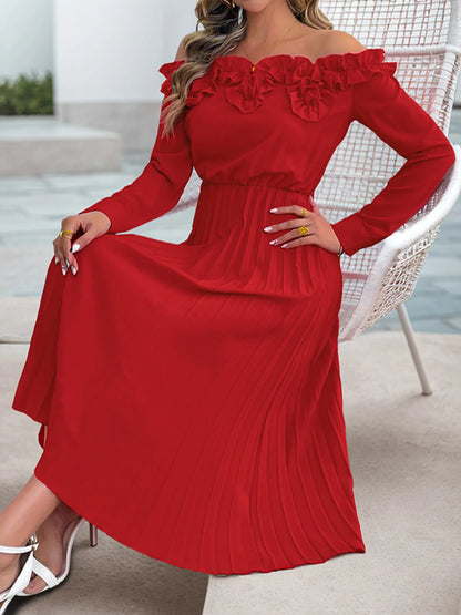 Off-Shoulder Ruffle Pleated Midi Dress – photo 3