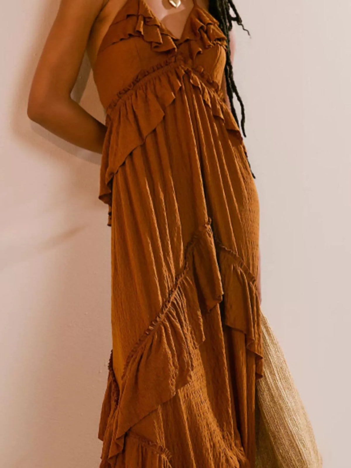Ruffled Halter Neck Tie Maxi Dress