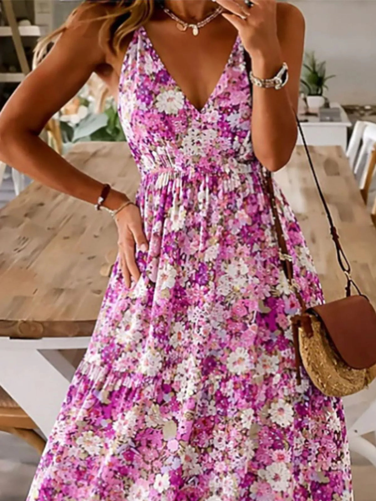 Floral Tiered Ruched Maxi Dress with Spaghetti Straps in Cerise