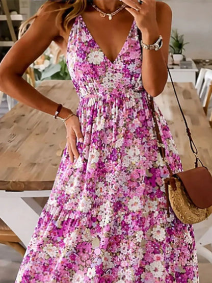 Floral Tiered Ruched Maxi Dress with Spaghetti Straps in Cerise
