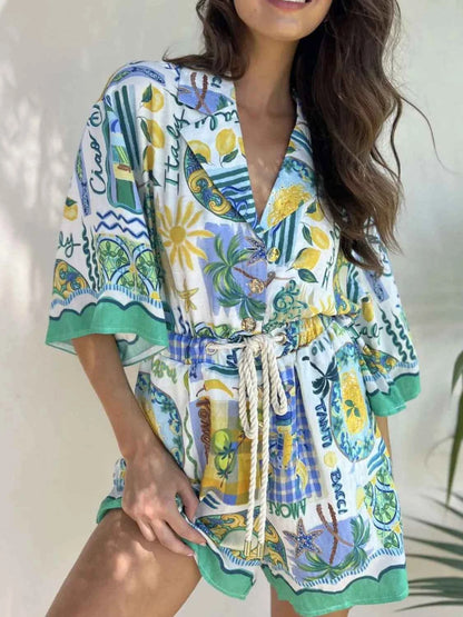 Printed Collared Neck Half Sleeve Romper — Livostyle