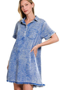 Tencel Mineral Washed Collared Shirts Dress in CLASSIC BLUE