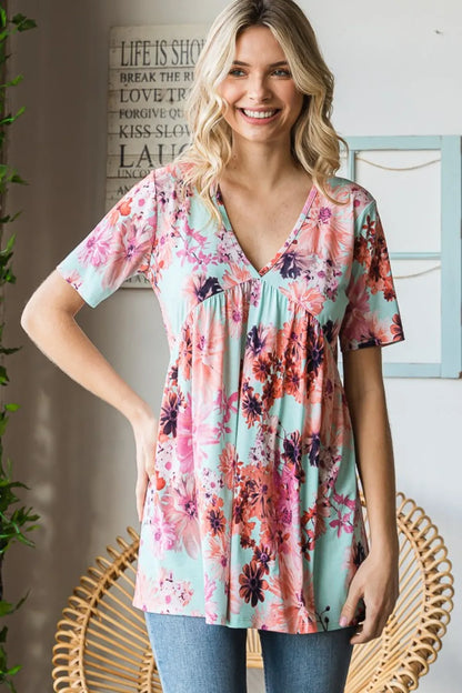 Floral Babydoll Blouse: V-Neck, Short Sleeve — Livostyle