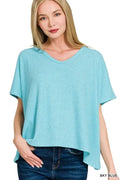 Ribbed knit short-sleeve V-neck top in sky blue — Livostyle