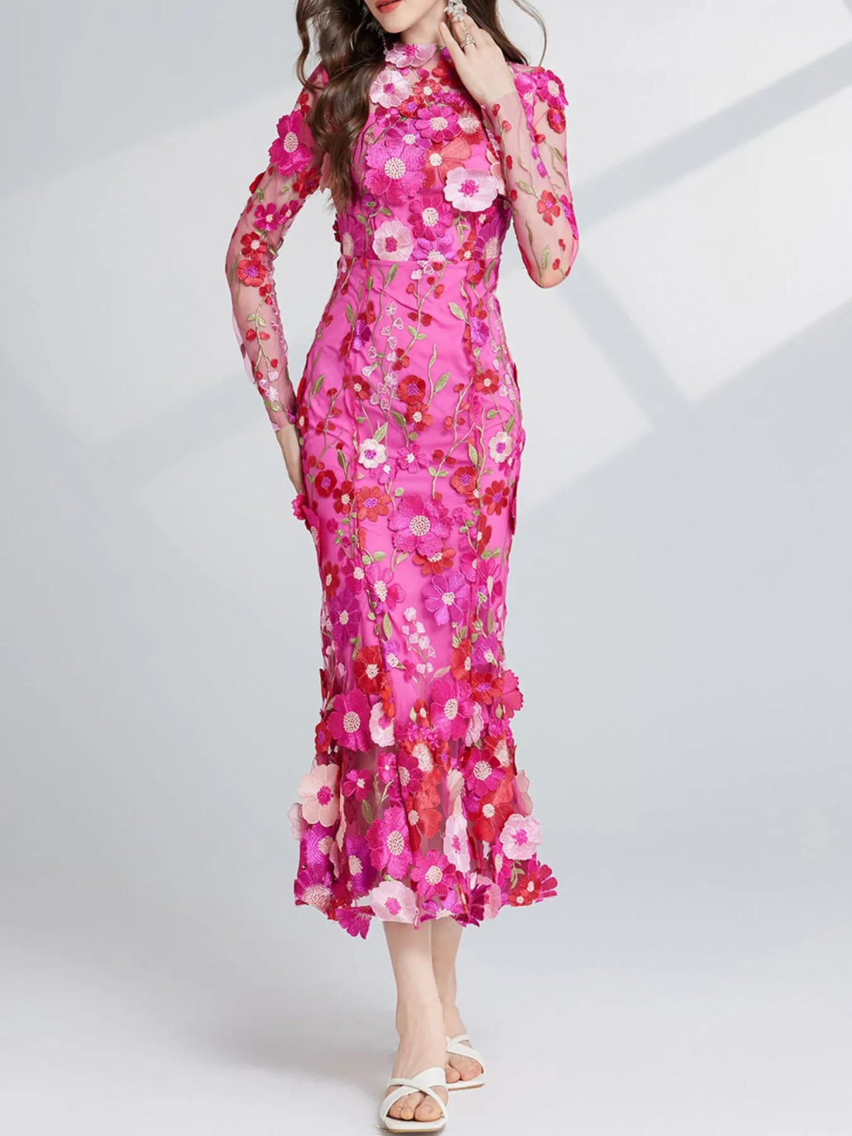 Floral Embroidered Mesh Long Sleeve Tiered Midi Dress in Rose Red