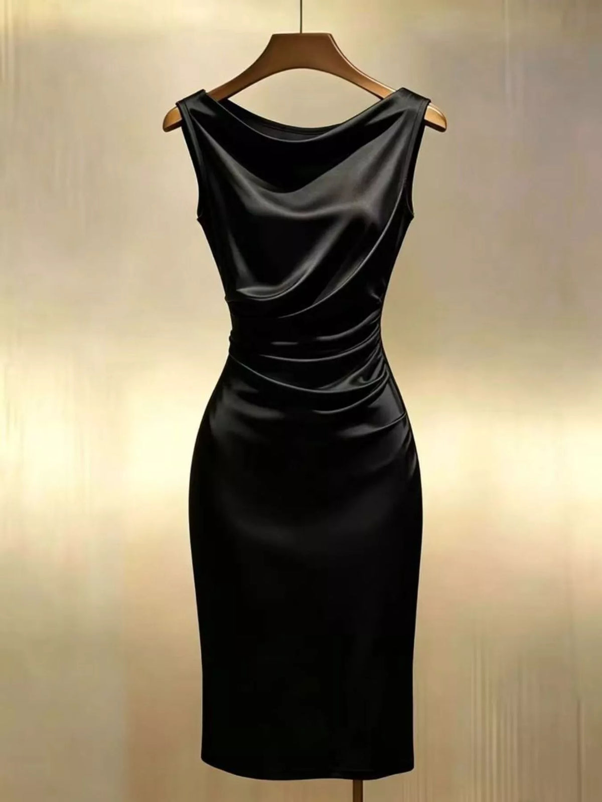 Satin Cowl Neck Ruched Sleeveless Dress in Black
