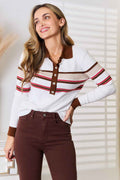 Striped Collared Neck Rib-Knit Top — Livostyle