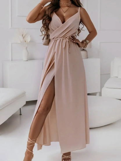 Elegant Honey-Colored Sleeveless Midi Cami Dress with Tie Detail — Livostyle