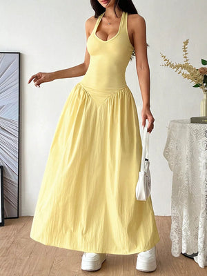 Halter Neck Ruched Maxi Dress in Yellow