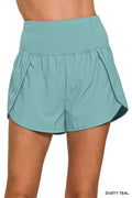 High Waisted Running Shorts with Zippered Back Pocket in Dusty Teal