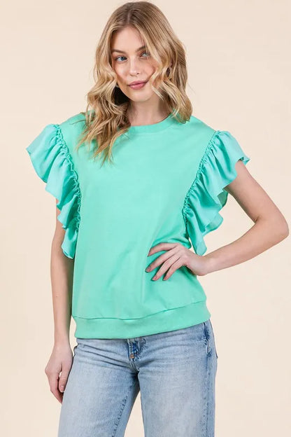 Solid Shoulder Ruffle Detail Round Neck Top — Livostyle