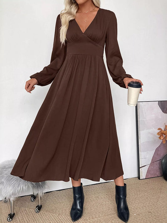 V-Neck Long Sleeve Smocked A-Line Midi Dress in Brown