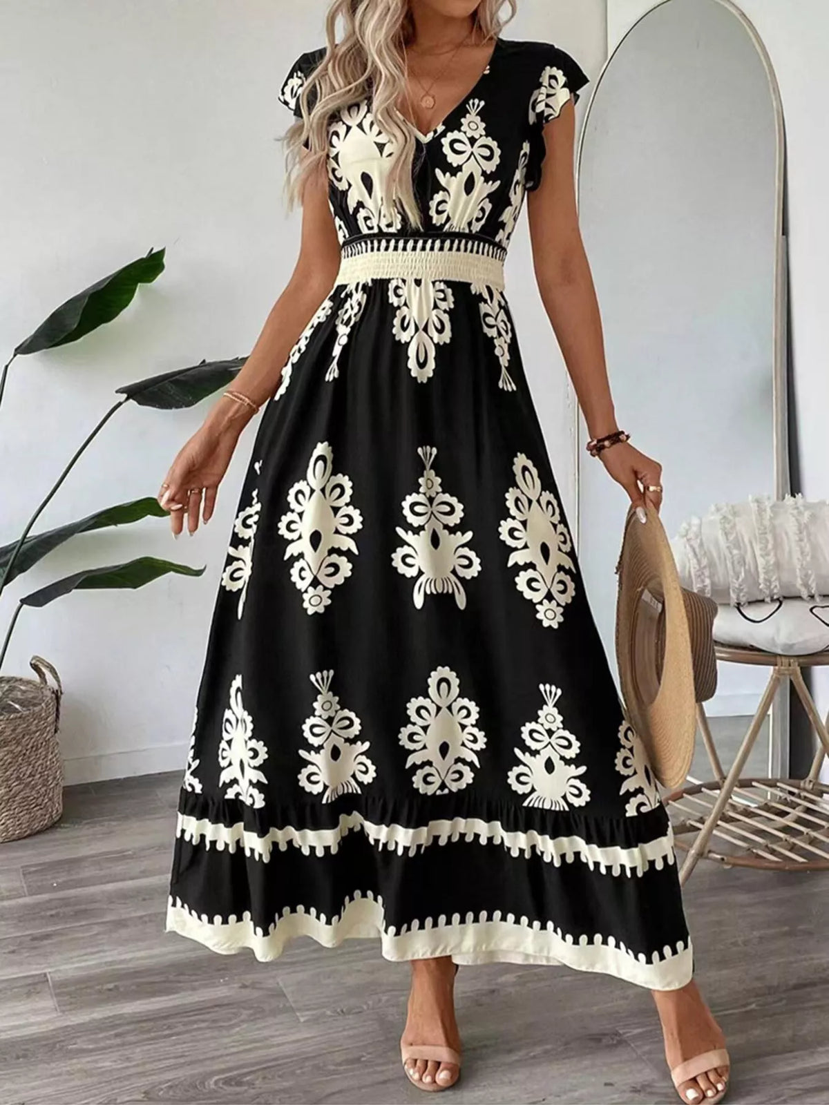 Ruffled Printed V-Neck Maxi Dress in Black