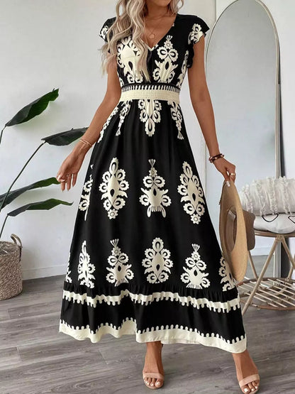 Ruffled Printed V-Neck Maxi Dress in Black