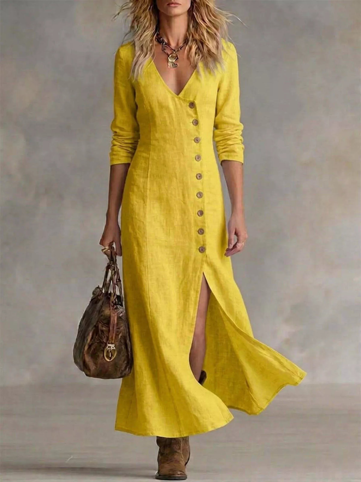 Slit Button-Down Midi Dress in Yellow