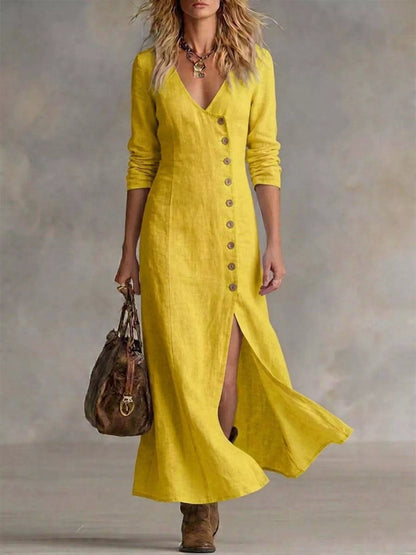 Slit Button-Down Midi Dress in Yellow